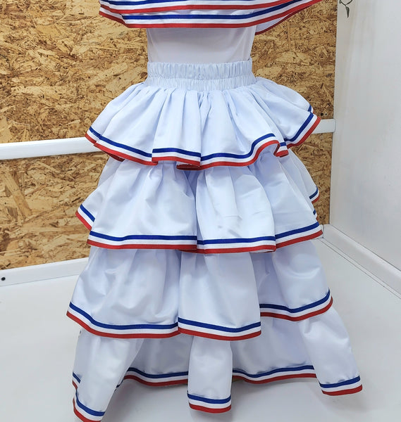 Conjunto blanco Dominicano, Leotardo, falda de vuelos y accesorio para el pelo combinado. Disponible desde talla 12 meses hasta XXL de mujer