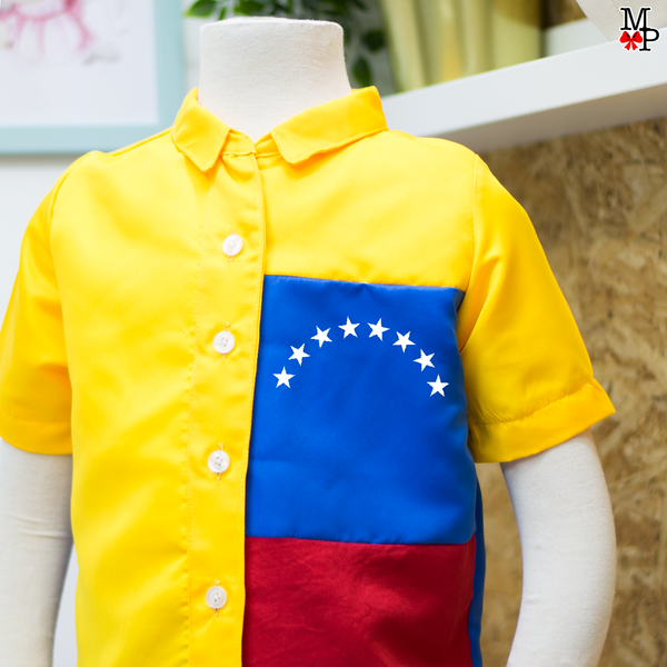 Conjunto inspirado en la bandera de Venezuela para niños, Camisa y pantalón Venezolano,  disponible desde talla 12 meses hasta talla #14