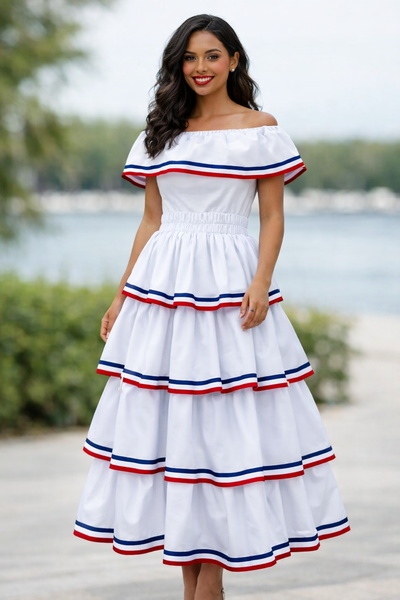 Conjunto blanco Dominicano, Leotardo, falda de vuelos y accesorio para el pelo combinado. Disponible desde talla 12 meses hasta XXL de mujer