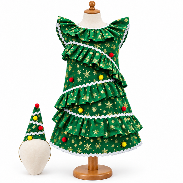 Vestido de Arbolito de Navidad con Cintillo | Niñas