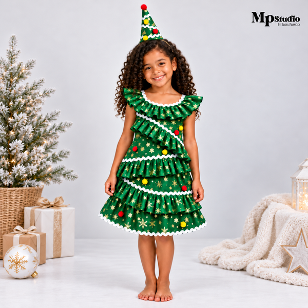 Vestido de Arbolito de Navidad con Cintillo | Niñas