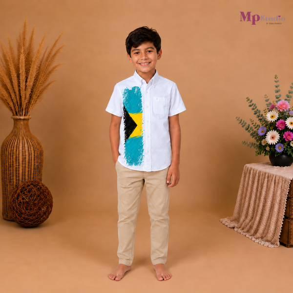 Camisa de Bahamas para Niño – Blanca con Diseño de la Bandera de Bahamas | Tallas 2 a 14