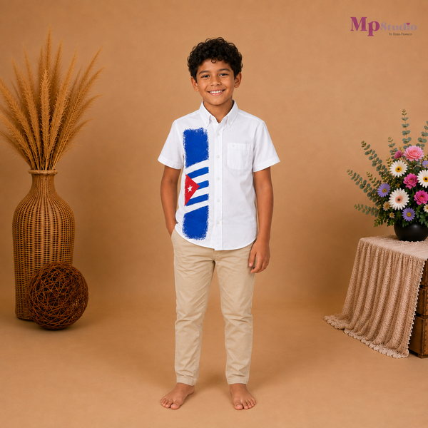 Camisa de Cuba para Niño – Blanca con Diseño de la Bandera Cubana| Tallas 2 a 14