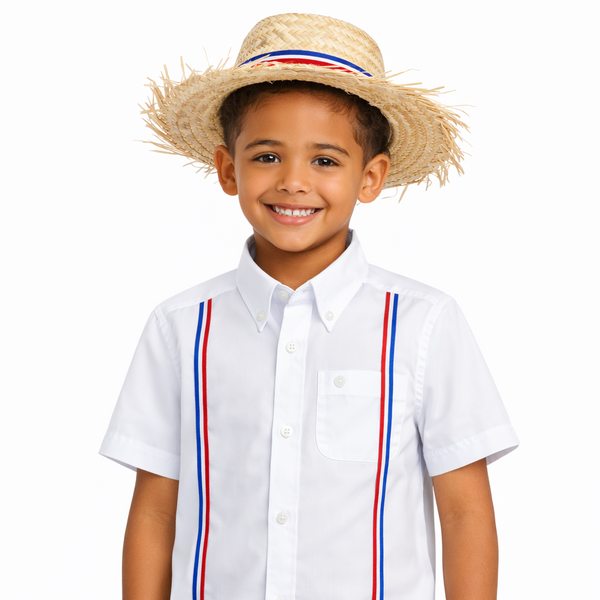 Camisa blanca para niños, con detalles tricolor, bandera dominicana. Desde #2 hasta #14
