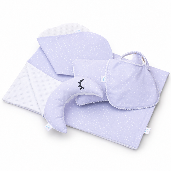 Set para bebe en algodón, Almohaditas, Manta y baberos estampado gris con lunares