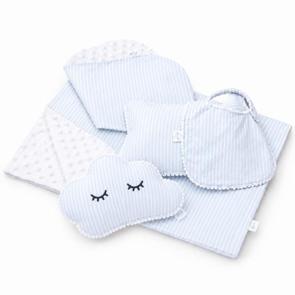 Set para bebe en algodón, Almohaditas, Manta y baberos estampado gris con lunares