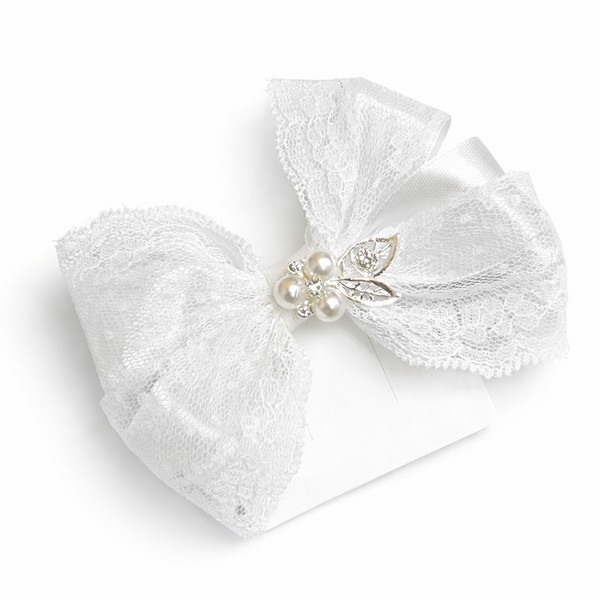 Lazo blanco de encaje, con pinza de 5", para bodas, bautizos o graduaciones