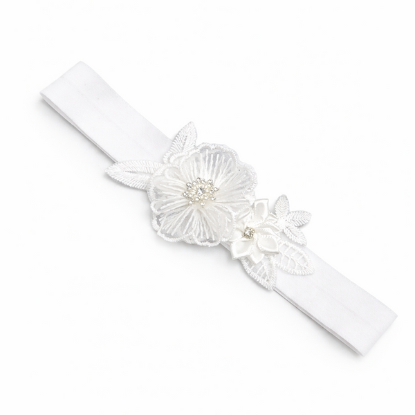 Bandita para bebe con flores bordadas blancas, para bodas y bautizos