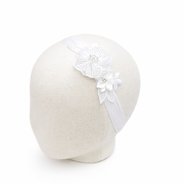 Bandita para bebe con flores bordadas blancas, para bodas y bautizos