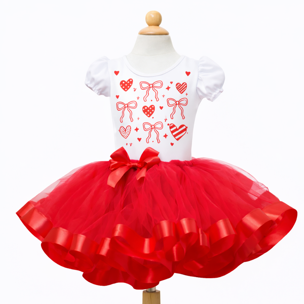 Set de tutu rojo y blanco, San valentin, lacitos y corazones