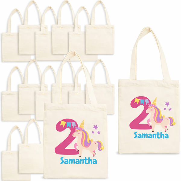 Set de 10 bolsos de tela 8.5x8 pulgadas, para dulces y regalos. Personalizados con nombre y el tema de unicornio