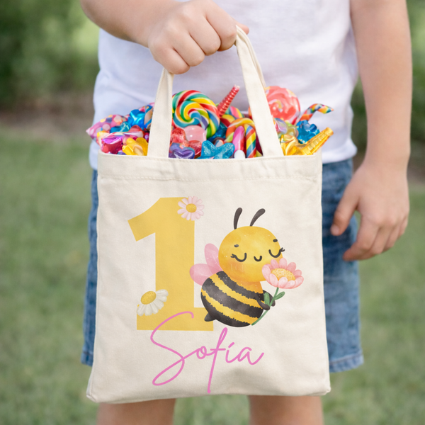 Set de 10 bolsos de tela 8.5x8 pulgadas, para dulces y regalos. Personalizados con nombre y el tema de abeja