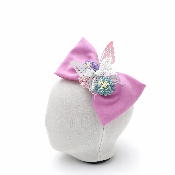 Lazo rosado con flores y mariposas, Lazo de 6" con pinza