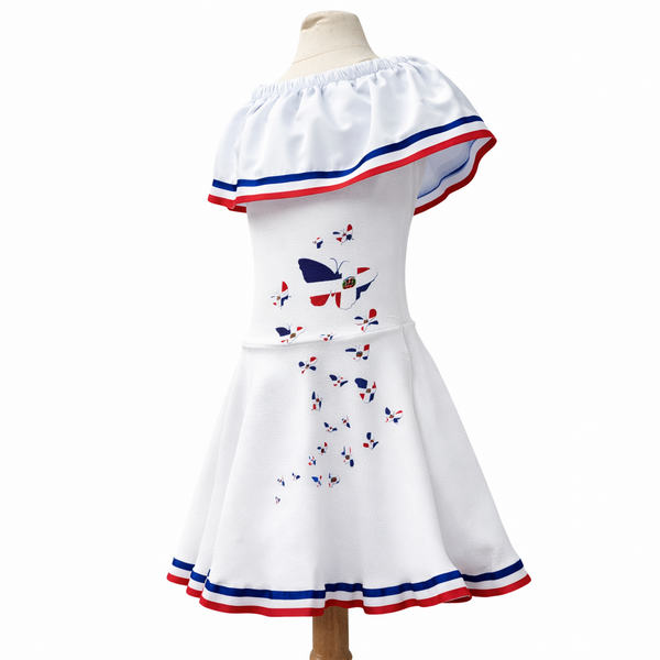 Vestido para niñas inspirado en la bandera dominicana, Vestido Dominicano con mariposas. Disponible desde talla 12 meses hasta #12