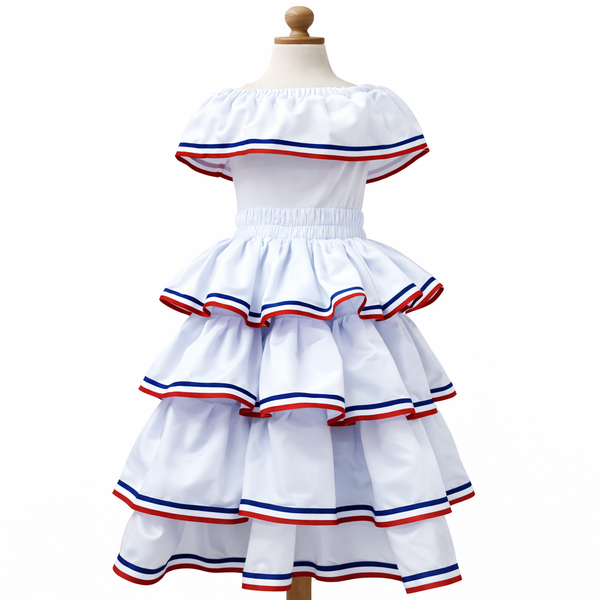 Conjunto blanco Dominicano, Leotardo, falda de vuelos y accesorio para el pelo combinado. Disponible desde talla 12 meses hasta XXL de mujer
