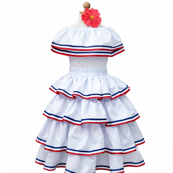 Conjunto blanco Dominicano, Leotardo, falda de vuelos y accesorio para el pelo combinado. Disponible desde talla 12 meses hasta XXL de mujer