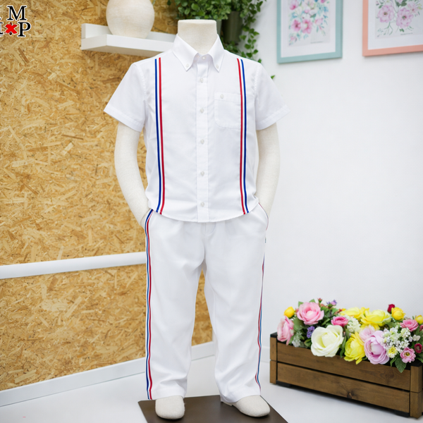 Conjunto inspirado en la bandera dominicana para niños, Camisa y pantalón,  disponible desde talla 12 meses hasta talla #14