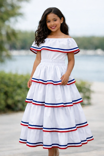 Conjunto blanco Dominicano, Leotardo, falda de vuelos y accesorio para el pelo combinado. Disponible desde talla 12 meses hasta XXL de mujer