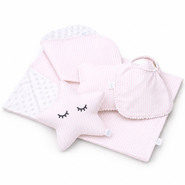 Set para bebe en algodón, Almohaditas, Manta y baberos estampado gris con lunares