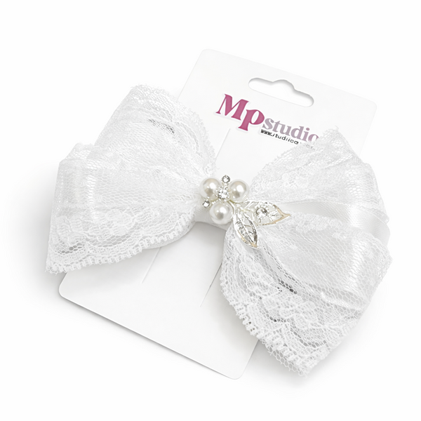 Lazo blanco de encaje, con pinza de 5", para bodas, bautizos o graduaciones