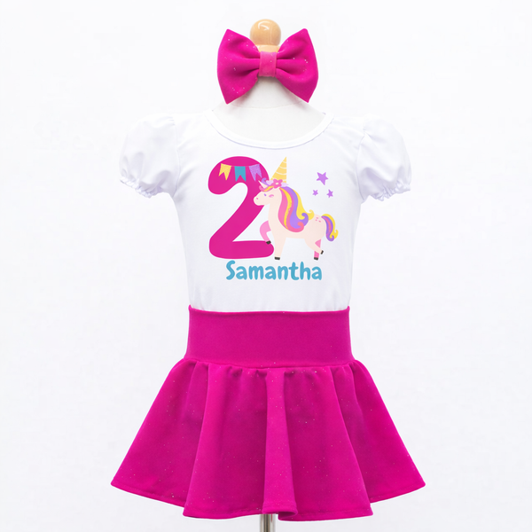Set de Falda Circular rosado y blanco, personalizado con nombre, Unicornio