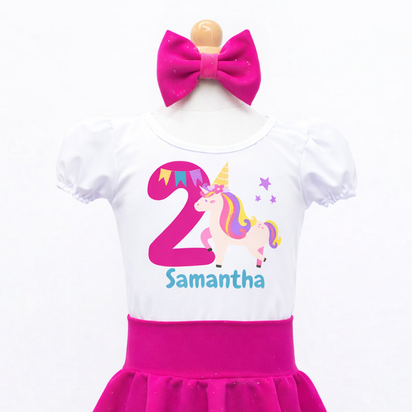 Set de Falda Circular rosado y blanco, personalizado con nombre, Unicornio