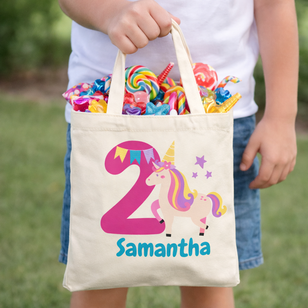 Set de 10 bolsos de tela 8.5x8 pulgadas, para dulces y regalos. Personalizados con nombre y el tema de unicornio