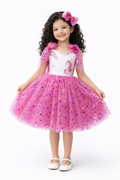 Vestido para niñas inspirado en unicornio mas lazo combinado, tallas desde 12 meses hasta #10