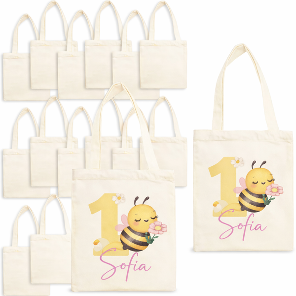 Set de 10 bolsos de tela 8.5x8 pulgadas, para dulces y regalos. Personalizados con nombre y el tema de abeja