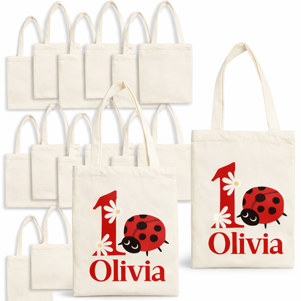 Set de 10 bolsos de tela 8.5x8 pulgadas, para dulces y regalos. Personalizados con nombre y el tema de Mariquita