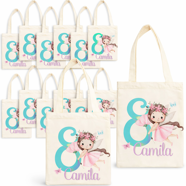 Set de 10 bolsos de tela 8.5x8 pulgadas, para dulces y regalos. Personalizados con nombre y el tema de Hadas y mariposas