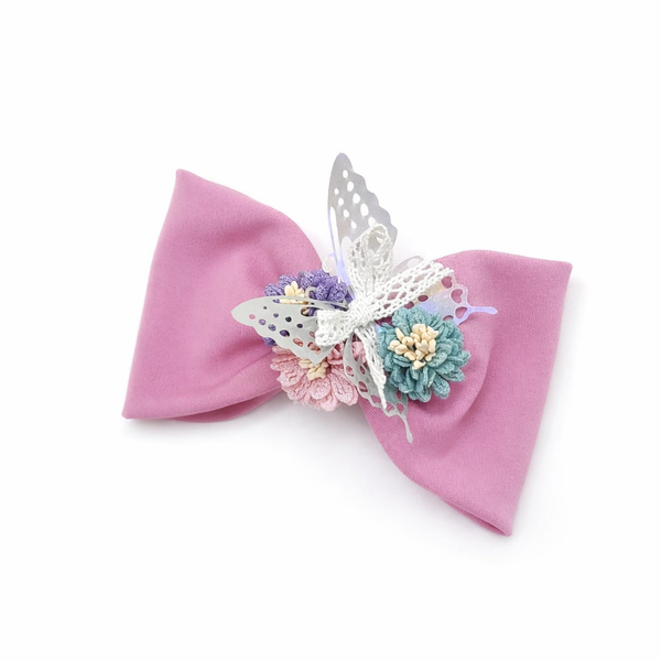 Lazo rosado con flores y mariposas, Lazo de 6" con pinza