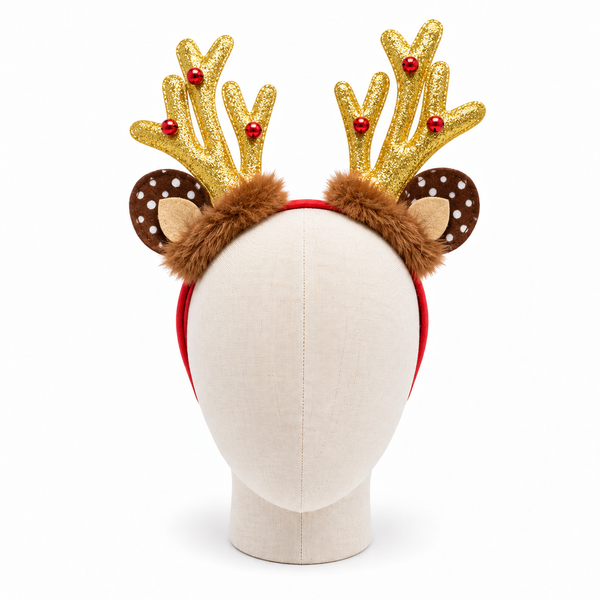 Cintillo de Reno Navideño para Niñas | Orejitas y Cuernos Dorados