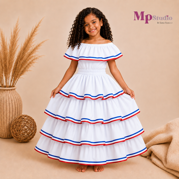 Set Típico República Dominicana blanco – Leotardo y Falda | Niños y Adultos