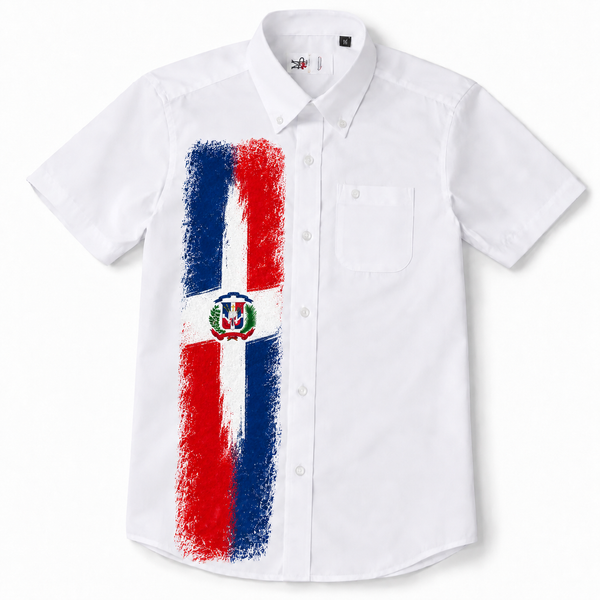 Camisa Típica Dominicana para Niño – Blanca con Detalles Tricolor | Tallas 2 a 14
