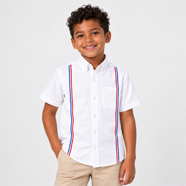 Camisa Típica Dominicana para Niño – Blanca con Detalles Tricolor | Tallas 2 a 14