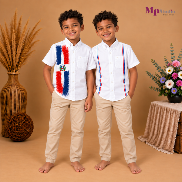 Camisa Típica Dominicana para Niño – Blanca con Detalles Tricolor | Tallas 2 a 14