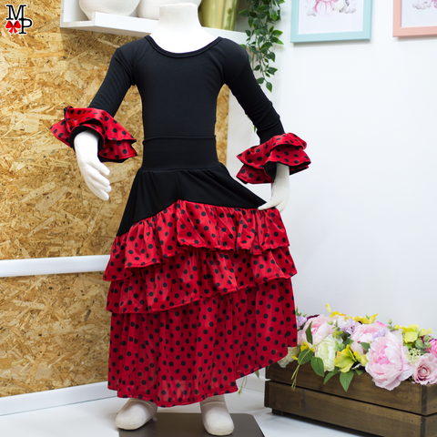 Conjunto típico Español, Leotardo y falda de vuelos. Baile Flamenco. Disponible desde talla 12 meses hasta XXL de mujer