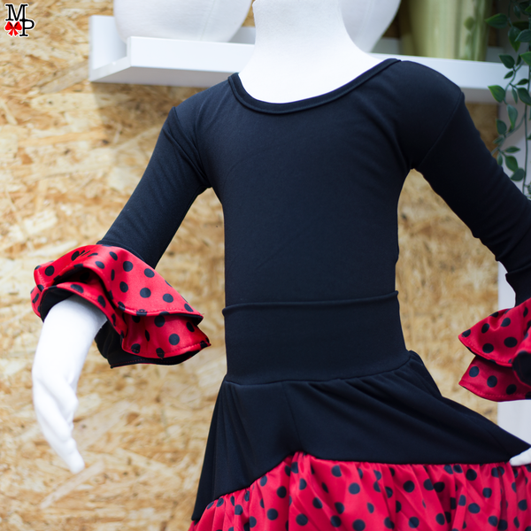 Conjunto típico Español, Leotardo y falda de vuelos. Baile Flamenco. Disponible desde talla 12 meses hasta XXL de mujer