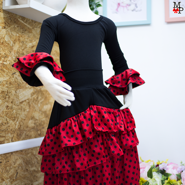 Conjunto típico Español, Leotardo y falda de vuelos. Baile Flamenco. Disponible desde talla 12 meses hasta XXL de mujer