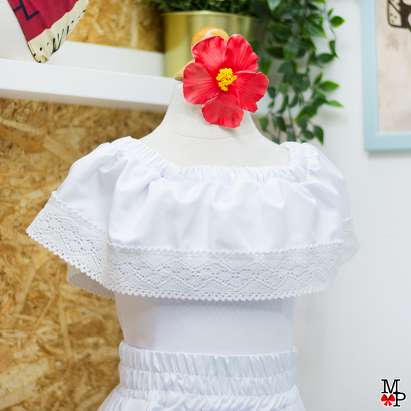 Conjunto típico Campesino, Leotardo, falda de vuelos y accesorio para el pelo combinado. Disponible desde talla 12 meses hasta XXL de mujer