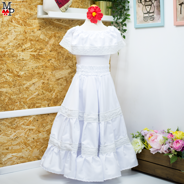 Conjunto típico Campesino, Leotardo, falda de vuelos y accesorio para el pelo combinado. Disponible desde talla 12 meses hasta XXL de mujer
