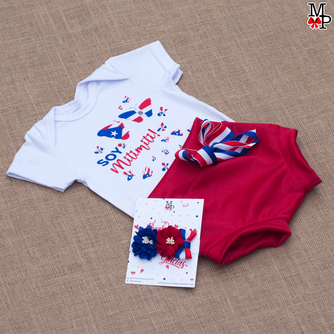 Set para bebes, Body, bummie y accesorio de la cabeza. Soy Mitimiti, Dominicana y Boricua, Disponible desde recien nacido hasta talla 24 meses