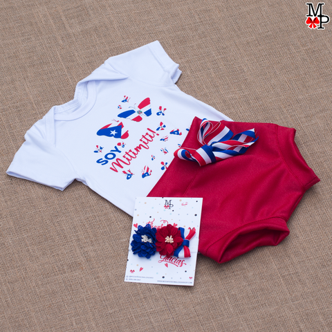 Set para bebes, Body, bummie y accesorio de la cabeza. Soy Mitimiti, Dominicana y Boricua, Disponible desde recien nacido hasta talla 24 meses