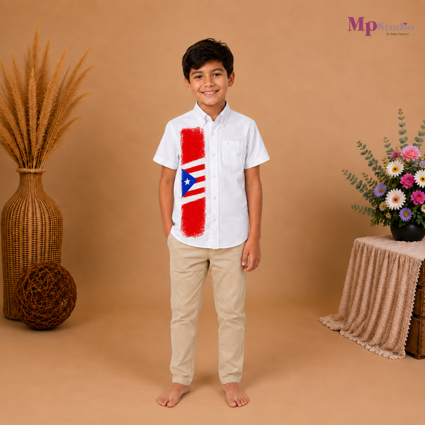 Camisa de Puerto Rico para Niño – Blanca con Diseño de la Bandera Puertorriqueña | Tallas 2 a 14