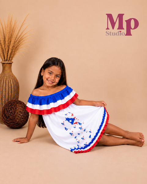 Vestido de Puerto Rico para Niñas + Lazo con Pinza 🇵🇷
