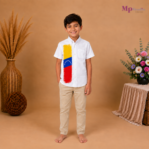 Camisa de Venezuela para Niño – Blanca con Diseño de la Bandera Venezolana | Tallas 2 a 14