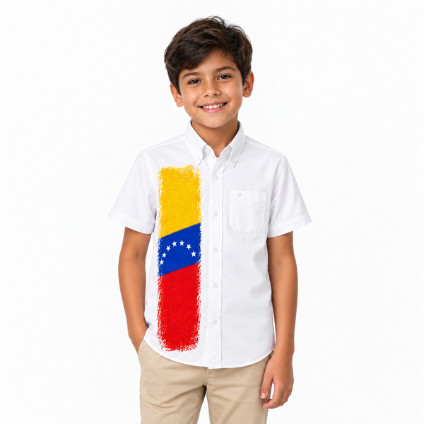 Camisa de Venezuela para Niño – Blanca con Diseño de la Bandera Venezolana | Tallas 2 a 14