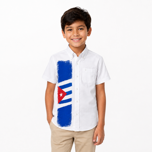 Camisa de Cuba para Niño – Blanca con Diseño de la Bandera Cubana| Tallas 2 a 14