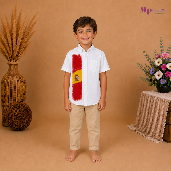 Camisa de España para Niño – Blanca con Diseño de la Bandera Española| Tallas 2 a 14